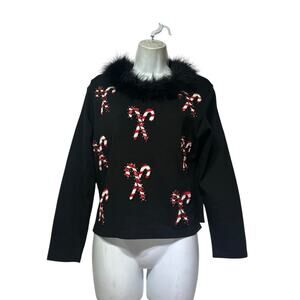 Jack B Quick Black Holiday Top Feather Trim Candy Cane Sequin Christmas M